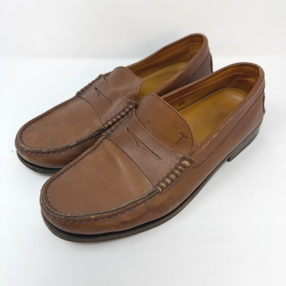Tods Mens Size 6.5 UK 7.5 US Tan Leather Penny Loafers Made in Italy Brown